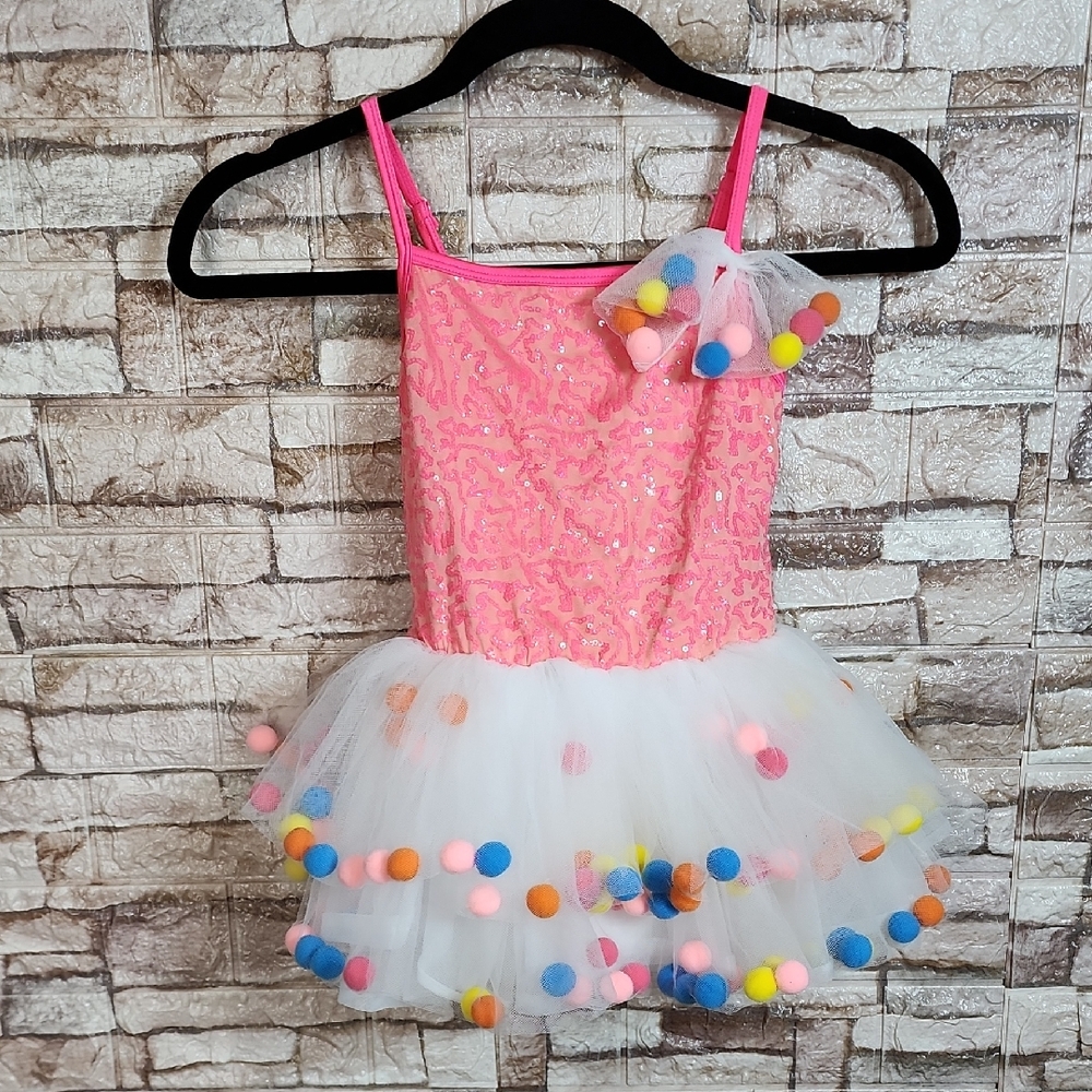 Curtain Call Dress Colorful Pom-Pom Kids Costume  Dance Birthday Dress